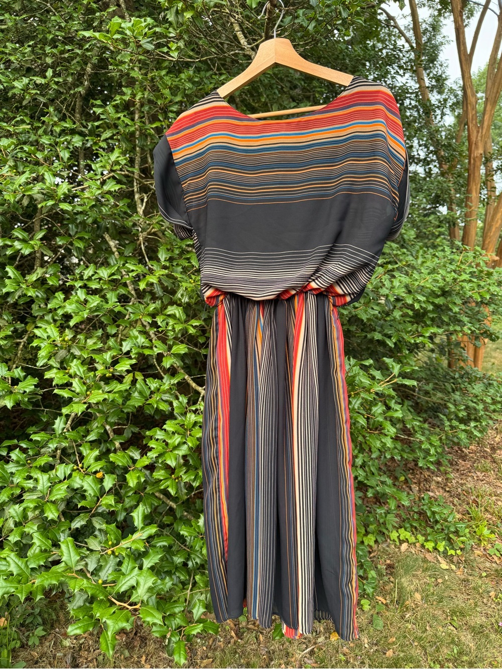 Striped Black Midi Dress with Multicolor Accents